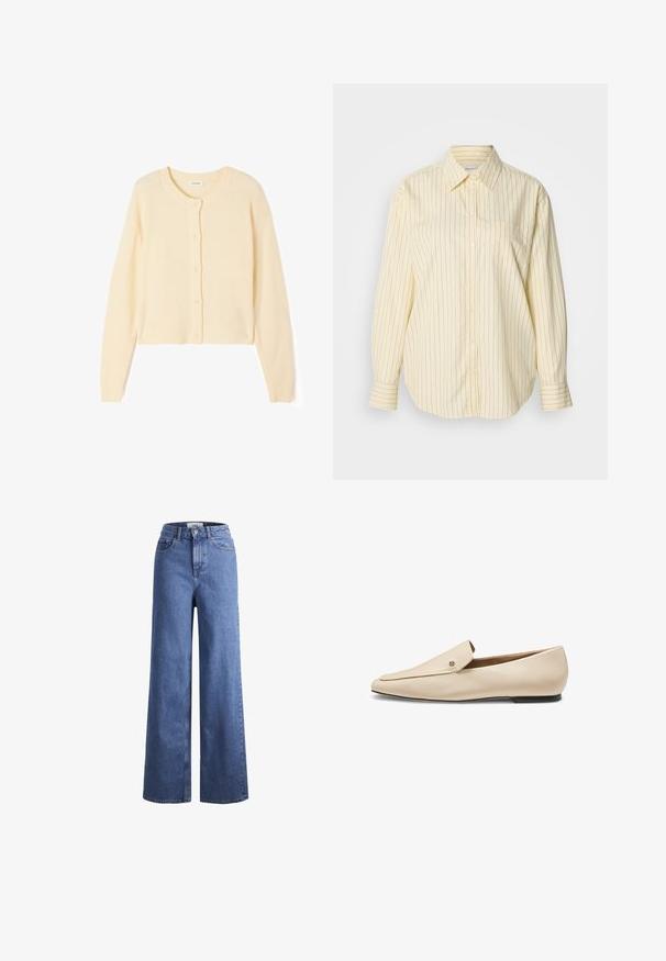 Lys beige kort cardigan lavet af blødt strikket stof, med rund halsudskæring, knaplukning og ribbede manchetter og kant.; Gulstribet skjorte med knapper, lange ærmer, klassisk krave og en enkelt brystlomme. Striberne er blå på et blødt, struktureret stof.; Lyseblå denim brede bukser med høj talje, to frontlommer og synlige stikninger. Har en knap- og lynlåslukning.; Beige læderloafer med spids tå, flad sort sål og lille metallisk logodetalje nær den øverste kant.