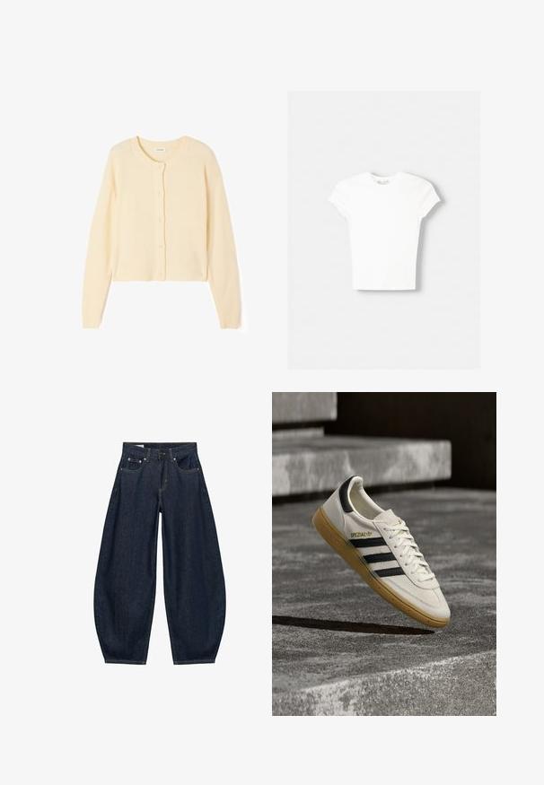 Lys beige kort cardigan lavet af blødt strikket stof, med rund halsudskæring, knaplukning og ribbede manchetter og kant.; Hvid kortærmet t-shirt lavet af blød bomuld, med rund halsudskæring og en tætsiddende form. Ingen synlige mønstre eller udsmykninger.; Mørkeblå vidde jeans med frontlommer, bæltestropper og knaplukning i taljen.; Hvid Adidas Spezial sneaker med sorte striber og gummisål, svævende over grå stentrin udendørs.