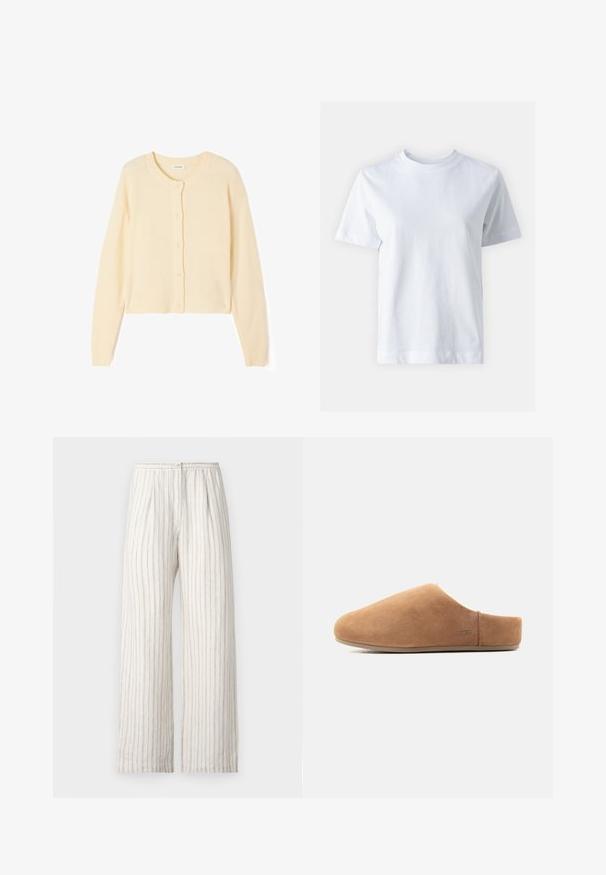 Hellbeige, kurzer Cardigan aus weichem Strickstoff, mit Rundhalsausschnitt, Knopfverschluss sowie gerippten Bündchen und Saum.; Weißes Baumwoll-T-Shirt mit Rundhalsausschnitt, kurzen Ärmeln, gerader Schnittführung und glatter Textur. Keine Muster oder Verzierungen.; Samsøe Samsøe SATOVE TROUSERS - Stoffhose - egret; Hellbrauner Velours-Slipper zum Hineinschlüpfen mit geschlossenem Vorderteil, offenem Fersenbereich, flacher Sohle und kleinem UGG-Logo an der Seite, im Profil gezeigt.
