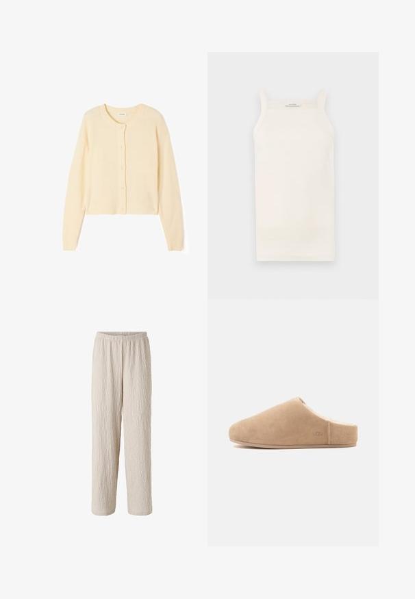 Lys beige kort cardigan lavet af blødt strikket stof, med rund halsudskæring, knaplukning og ribbede manchetter og kant.; Cremefarvet ribbet tanktop med tynde stropper, tætsiddende design og lige kant. Etiketten siger "IVY OAK." Materialet ser blødt og strækbart ud.; Kremfarvede teksturerede løstsiddende bukser med elastisk taljebånd, lige ben og blødt, krøllet stof.; Beige ruskind slip-on tøfler med blødt for og flad sål, lukket tå, åben bag, og diskret "UGG" logo på siden.