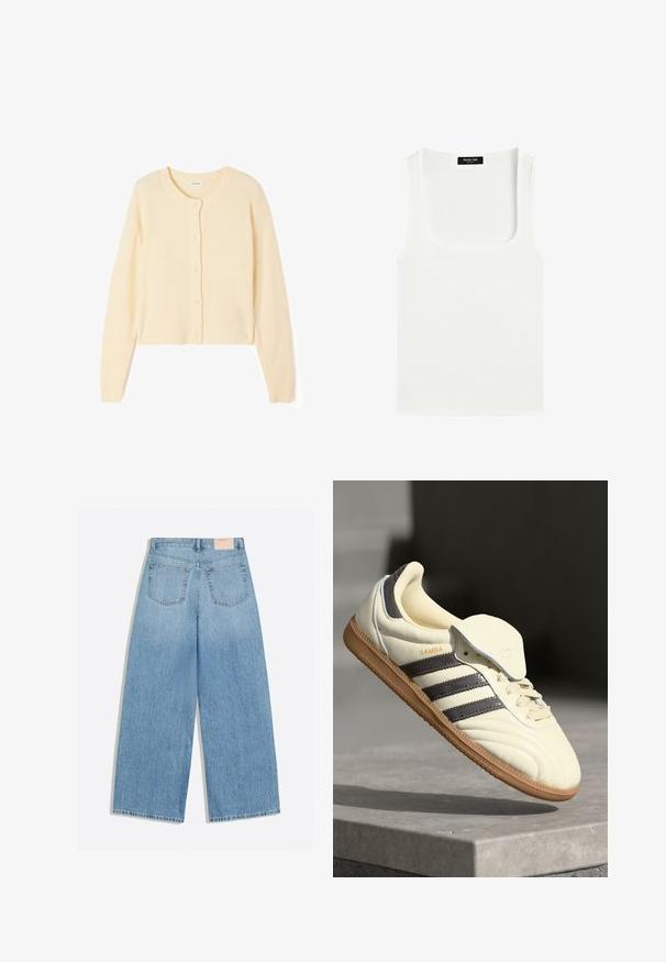 Lys beige kort cardigan lavet af blødt strikket stof, med rund halsudskæring, knaplukning og ribbede manchetter og kant.; Hvid ærmeløs tanktop med firkantet halsudskæring og sort label på den indvendige bagside af nakken.; Lyseblå vidbenede jeans med to baglommer og et lille beige mærke på linningen.; Cremefarvede lædersneakers med tre mørke striber, en brun gummisål og en afrundet tå. Har en foldbar tunge mærket "SAMBA."