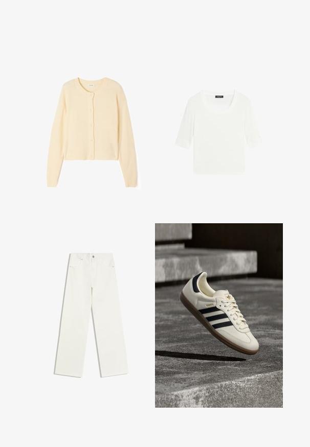 Lys beige kort cardigan lavet af blødt strikket stof, med rund halsudskæring, knaplukning og ribbede manchetter og kant.; Hvid kortærmet top med rund halsudskæring og ombukket kantdetalje på ærmerne, vist på en ensfarvet baggrund.; Hvide jeans med højt liv og lige ben, med forlommer og knaplukning på hvid baggrund.; Hvid Adidas Samba sneaker med sorte striber og gummsål, svævende over teksturerede grå betonstrin.