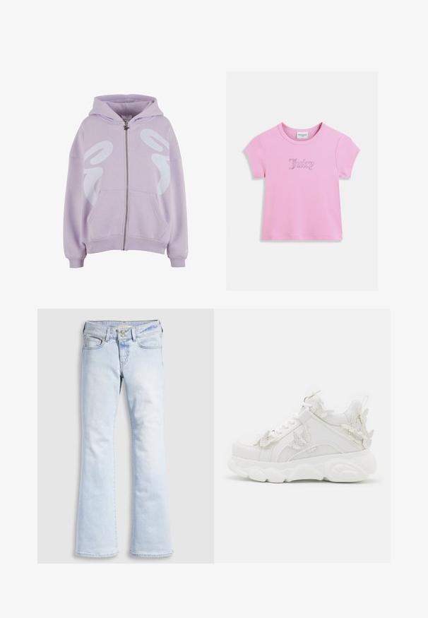 Sweat à zip violet clair avec un grand motif graphique blanc à l'avant, deux poches avant et des poignets et un ourlet côtelés.; T-shirt rose à manches courtes en coton, avec un logo "Juicy" pailleté en écriture cursive au centre. Texture lisse, encolure ronde.; Jean évasé en denim bleu clair à taille haute, avec fermeture à boutons, cinq poches et un léger effet froissé au niveau des hanches.; Baskets blanches épaisses avec une semelle épaisse et des accents décoratifs de papillons en 3D sur le côté, les lacets et le talon.