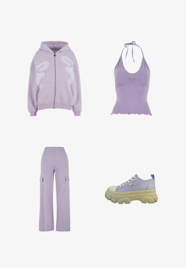 Sweat à zip violet clair avec un grand motif graphique blanc à l'avant, deux poches avant et des poignets et un ourlet côtelés.; Haut halter lilas avec un ourlet volanté, doté d'un motif de papillon et de strass incorporés pour l'embellissement. Tissu doux et extensible.; Pantalons cargo violets clairs en tissu doux, dotés d'une coupe décontractée, de jambes larges et de deux poches latérales avec des fermetures à rabat.; Baskets en toile bleu clair avec une épaisse semelle crème, à bout rond et avec des accents texturés. Présente des lacets blancs et une petite étiquette de marque.