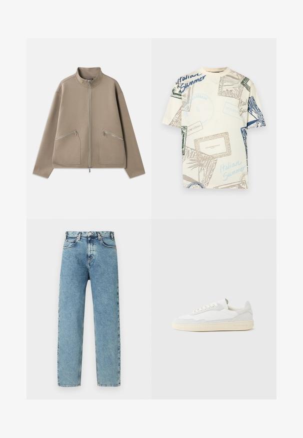 Veste zippée beige en tissu doux, dotée de deux poches zippées à l'avant, d'un col montant et d'une coupe décontractée avec des épaules tombantes.; T-shirt en coton crème avec des imprimés graphiques multicolores, incluant des timbres et le texte "Italian Summer", dans des tons bleus, verts et bruns.; Jeans en denim bleu clair avec une coupe droite, cinq poches et fermeture par bouton en laiton. Le tissu présente une texture légèrement usée et un aspect délavé.; Baskets blanches avec dessus en daim et cuir texturé. Caractérisées par un bout arrondi, une fermeture à lacets et une semelle en caoutchouc beige contrastante.