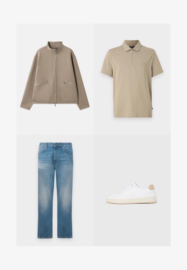 Veste zippée beige en tissu doux, dotée de deux poches zippées à l'avant, d'un col montant et d'une coupe décontractée avec des épaules tombantes.; Polo beige à manches courtes avec un col zippé. Présente un logo "MK" brodé sur la poitrine. Matière en coton doux, coupe décontractée.; Jean en denim bleu à jambes droites avec des zones décolorées sur les cuisses et les genoux, présentant un design classique à cinq poches et une fermeture à bouton.; Baskets basses blanches avec un dessus en cuir texturé, semelle crémée à stries, et accent de talon tan. Présente des lacets blancs et un logo sur le talon.