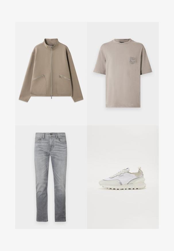 Beige vetoketjullinen takki pehmeästä kankaasta, jossa on kaksi etutaskua vetoketjulla, pystykaulus ja rento istuvuus, jossa on pudotetut olkapäät.; Harmaa puuvillainen T-paita, jossa lyhyet hihat, pyöreä pääntie ja pieni rintatasku, jossa kirjailtu brändilogon kuva. Pehmeä tekstuuri ja rento istuvuus.; Harmaat denimin farkut suora lahjemalli, joissa on viisi taskua, nappisuljenta ja hienovarainen haalistuma.; Valkoiset tennarit, joissa on yhdistelmä sileitä ja teksturoituja materiaaleja. Varustettuna hopeaisilla yksityiskohdilla, nauhakiinnityksellä ja paksulla, karkealla pohjalla.
