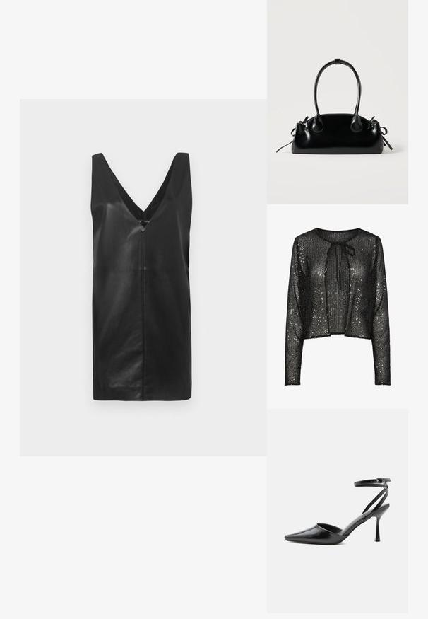 Haut court noir à sequins avec manches longues, doté d'un col rond et d'un nœud à l'avant, créant un effet texturé et brillant.; Robe en cuir sans manches noire avec décolleté en V profond et détail de couture centrée, présentée sur un fond blanc uni.; Escarpin noir à bout pointu avec fines brides de cheville et fermeture à boucle argentée sur fond clair uni.; Petit sac à main noir brillant avec deux longues anses et des détails à cordon sur les côtés sur un fond clair uni.