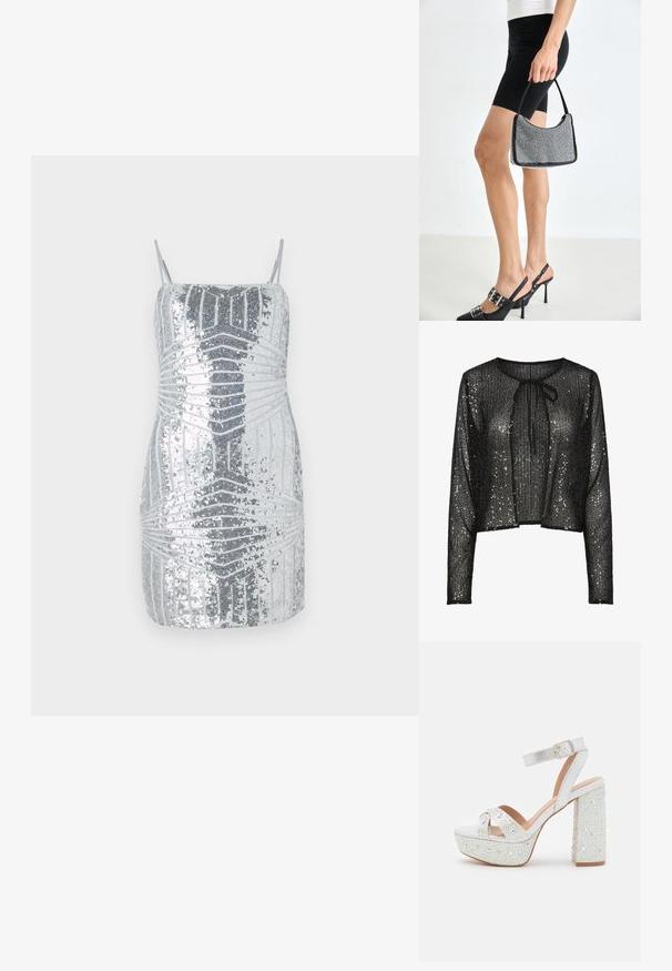 Haut court noir à sequins avec manches longues, doté d'un col rond et d'un nœud à l'avant, créant un effet texturé et brillant.; Robe mini en sequins argentés avec des bretelles fines, présentant un motif géométrique dans des nuances variées de gris, créant un effet visuel texturé.; Sandales à plateforme blanches avec une finition métallique, présentant deux brides croisées, une bride de cheville et un talon carré orné de gemmes scintillantes.; Sac à main à perles noires avec une silhouette courbée, une poignée de transport et une texture brillante. Porté avec des chaussures à talons hauts noires et un short noir ajusté.