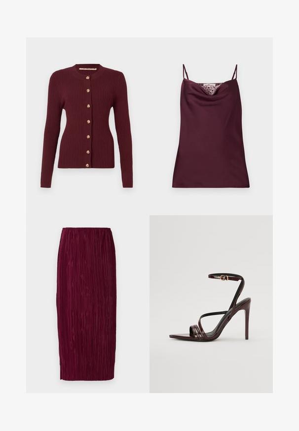 Bordeaux ribbeltrui met lange mouwen, ronde hals en zeven decoratieve gouden knopen aan de voorkant.; Mouwloze diep bordeaux satijnen camisole top met dunne verstelbare bandjes en kantdetail langs de watervalhalslijn.; Bordeaux plissé midi-jurkje met een geribbelde textuur, elastische tailleband en rechte silhouet. Glad fabric met verticale plooien.; Bordeaux gepatineerde leren hoge hakken sandaal met een enkelbandje, puntige neus en drie horizontale banden over de voet. Details met gouden gesp.