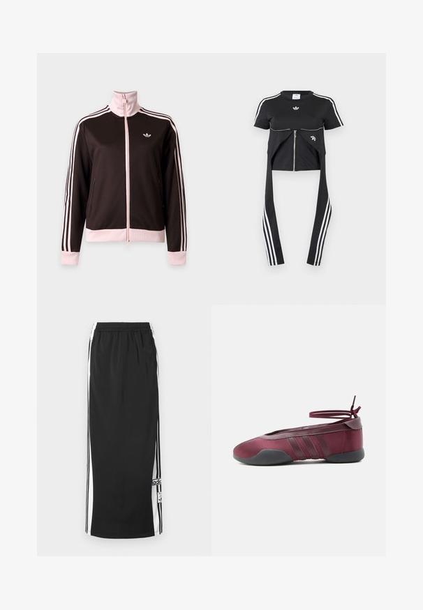 Jachetă sport Adidas neagră și roz cu fermoar complet, dungi roz pe mâneci, manșete și guler roz și logo Adidas pe piept.; Tricou negru cu mâneci scurte, dungi albe Adidas pe mâneci, fermoar frontal și panouri extinse de material care atârnă, fiecare cu trei dungi albe.; Fustă lungă sport neagră cu panouri laterale albe și dungi negre, talie elastică și emblema Adidas aproape de tivul de jos.; Balerini burgundy cu talpă neagră, curele elastice pentru gleznă legate în fundă și detalii cusute pe părți, văzuți din partea exterioară.