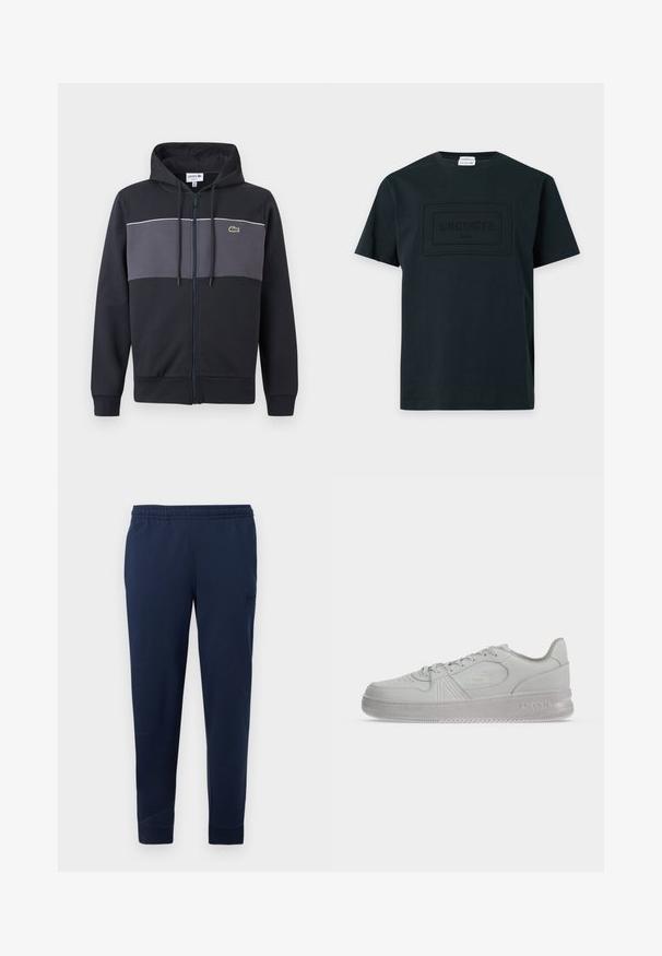 Sweat à capuche zippé noir et gris foncé avec capuche à cordon de serrage et logo crocodile vert Lacoste sur la poitrine.; T-shirt noir à manches courtes avec col rond et logo embossé "Lacoste Paris" sur la poitrine, sur un fond uni.; Pantalon de jogging bleu marine avec taille élastique et poignets aux chevilles, arborant un logo discret en patch sur la cuisse supérieure.; Baskets basses blanches Lacoste avec lacets, logo embossé sur le côté et semelle texturée sur fond uni.