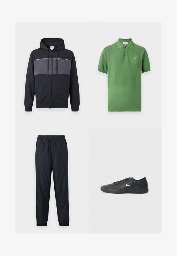 Sweat à capuche zippé noir et gris foncé avec capuche à cordon de serrage et logo crocodile vert Lacoste sur la poitrine.; Polo vert à manches courtes avec col, deux boutons et un petit logo crocodile brodé sur la poitrine.; Pantalon noir, léger et résistant à l'eau, avec une taille élastique et des poignets froncés aux chevilles. Texture lisse, sans motifs ni accents visibles.; Sneaker en cuir noir avec bout arrondi, semelle plate et logo blanc sur le côté. Présente des lacets noirs et une finition lisse et mate.
