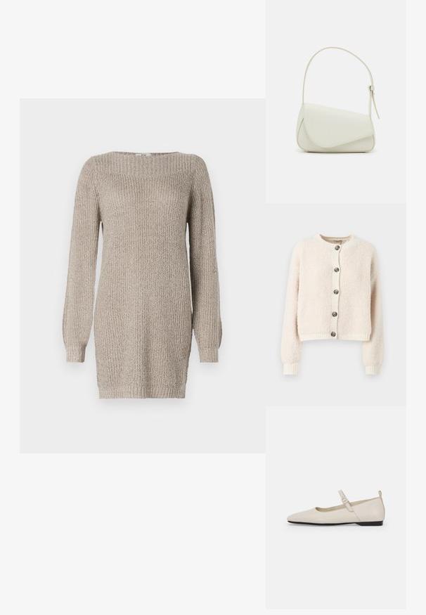 Cremefarvet cropped cardigan lavet af struktureret stof, med rund halsudskæring, knaplukning foran og ribbede manchetter og kant.; Beige strikket sweaterkjole med lange ærmer, ribbet tekstur og bred halsudskæring. Har en lige silhuet og slidser i siden ved kanten.; Hvide ballerinasko i læder med spids tå, ankelsnor og lav sort hæl. Glat tekstur med minimale detaljer.; Hvid taske i faux læder med en struktureret trekantet form, enkelt justerbart skulderstrop og en flaplås med kurver.