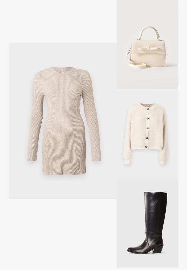 Crème-kleurige cropped cardigan van textuurstof, met een ronde halslijn, knoopsluiting aan de voorkant en geribde manchetten en onderkant.; Beige geribbelde gebreide jurk met lange mouwen, een getailleerde taille en een ronde halslijn op een witte achtergrond.; Knielange, donkerbruine leren laars met een spitse neus, hoekige blokhak en een gladde, glanzende textuur. Heeft een strak ontwerp en stikdetails.; Kleine beige handtas met bovenhandvat, afneembare riem, voorflap en decoratieve horizontale strik op een effen achtergrond.
