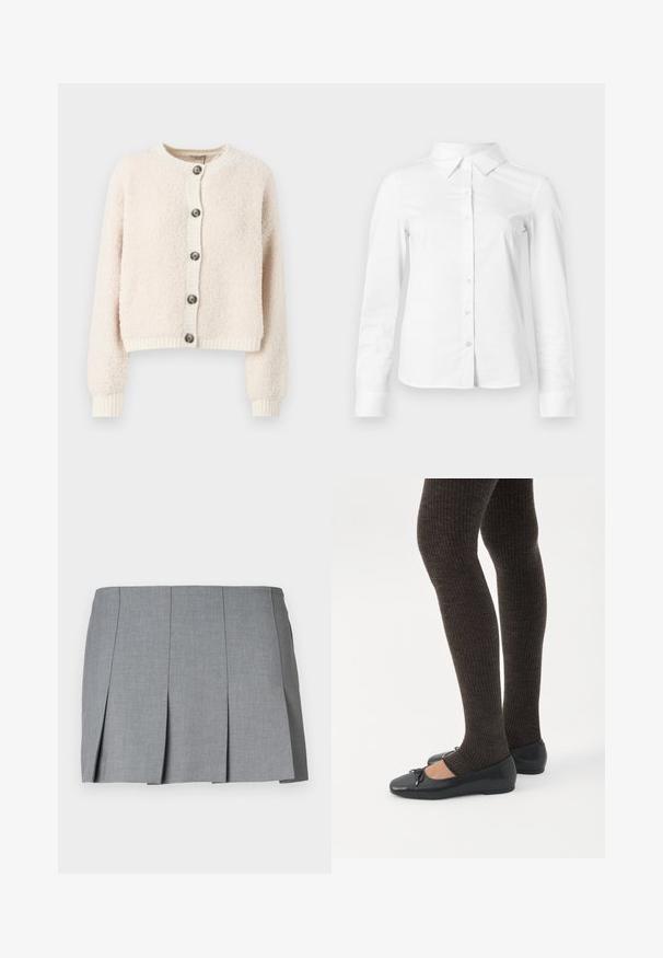 Crème-kleurige cropped cardigan van textuurstof, met een ronde halslijn, knoopsluiting aan de voorkant en geribde manchetten en onderkant.; Witte blouse met lange mouwen en knopen, met puntige kraag, rechte zoom en aansluitende silhouet, weergegeven op een effen lichte achtergrond.; Grijze geplooide rok met een gladde textuur, gestructureerd ontwerp en een aansluitende taille. Gemaakt van een lichtgewicht stof met een subtiel patroon.; Benen met donkere geribbelde leggings gecombineerd met zwarte ballerina's met kleine strikdetails op een witte achtergrond.