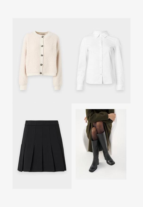 Crème-kleurige cropped cardigan van textuurstof, met een ronde halslijn, knoopsluiting aan de voorkant en geribde manchetten en onderkant.; Witte blouse met lange mouwen en knopen, met puntige kraag, rechte zoom en aansluitende silhouet, weergegeven op een effen lichte achtergrond.; Zwarte geplooide rok gemaakt van een glad materiaal. Voorzien van een brede tailleband en meerdere verticale mesplooien.; Knieschijf hoge zwarte leren laarzen met een vierkante neus en blokhak, getoond met een model dat zit in een olijfgroene jas. Gladde textuur, minimale details.