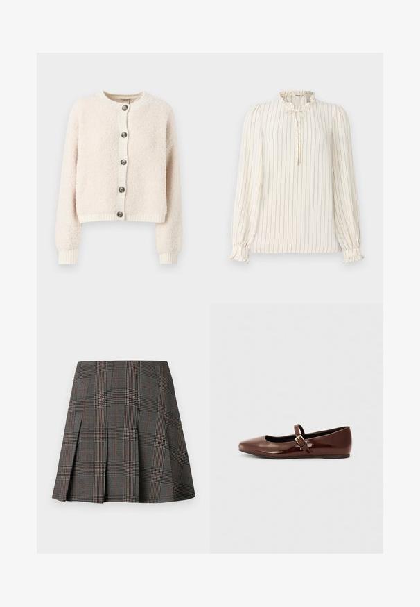 Cremefarvet cropped cardigan lavet af struktureret stof, med rund halsudskæring, knaplukning foran og ribbede manchetter og kant.; Langærmet creme skjorte med marineblå lodrette striber, flæsekrave og knapåbning detalje; elastiske ærmer med flæse accenter.; Gråternet nederdel med plisseringer, prydet med intrikate mønstre i sort og hvid, akkompagneret af tynde røde linjer. Fremstillet af et struktureret stof.; Brun patentlæder balletflade med firkantet tå og strop med en lille guldbuckle. Glat tekstur, lav hæl og minimalistisk design.