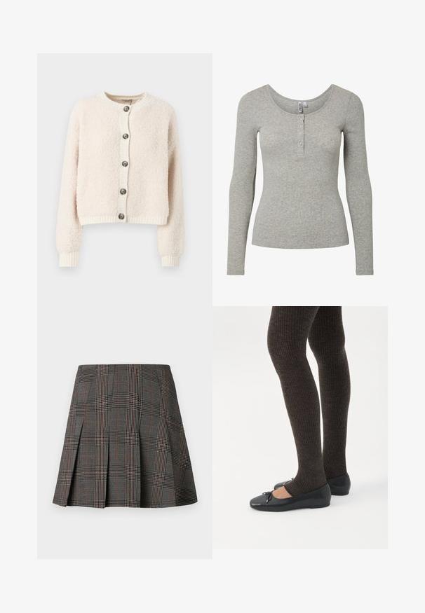 Cremefarvet cropped cardigan lavet af struktureret stof, med rund halsudskæring, knaplukning foran og ribbede manchetter og kant.; Lysegrå ribbet langærmet top med rund halsudskæring og fire-knaps lukning, tætsiddende silhuet og blødt strikket stof.; Gråternet nederdel med plisseringer, prydet med intrikate mønstre i sort og hvid, akkompagneret af tynde røde linjer. Fremstillet af et struktureret stof.; Ben iført mørke ribbede leggings kombineret med sorte balletsko med små sløjfedetaljer på hvid baggrund.