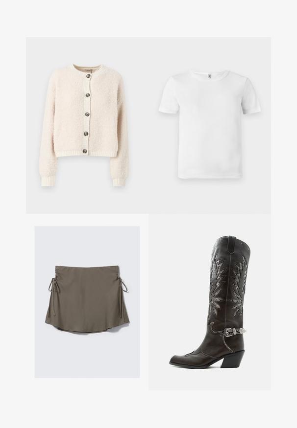 Cremefarvet cropped cardigan lavet af struktureret stof, med rund halsudskæring, knaplukning foran og ribbede manchetter og kant.; Hvid kortærmet t-shirt med ribbet tekstur. Klassisk crew neckline, ingen synlige logoer eller mønstre, og et simpelt, rent design.; Khaki slå-om-nederdel med sidelommer, lavet af glat stof. Har buet kant med samling ved taljen for justerbar pasform.; Sort læder cowboystøvle med dekorative udskæringer, sølvspænde og skrå hæl, vist på hvid baggrund.