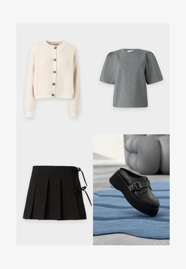 Crème-kleurige cropped cardigan van textuurstof, met een ronde halslijn, knoopsluiting aan de voorkant en geribde manchetten en onderkant.; Grijs kortmouwtop van zacht stof, met een ronde hals en iets gepofte mouwen voor extra volume. Gladde textuur zonder patronen.; Zwarte geplooide rok met zijsstrikjes, gemaakt van stof met een gladde textuur; heeft een gestructureerd ontwerp en strakke lijnen.; Zwarte leren plateau mule met een grote gesp, rustend op een gestructureerd, golvend blauw kleed en een wazige grijze achtergrond.