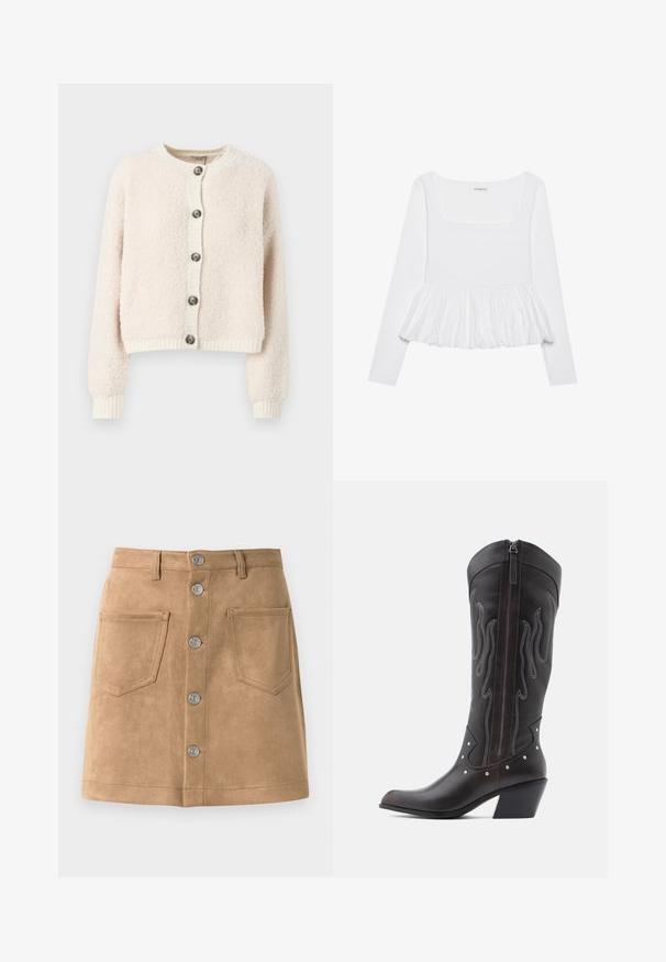 Crème-kleurige cropped cardigan van textuurstof, met een ronde halslijn, knoopsluiting aan de voorkant en geribde manchetten en onderkant.; Witte lange mouw top met een vierkante halslijn, voorzien van een geplooide peplumrand van een gestructureerde stof. Labels zichtbaar bij de hals.; Taupe suède rok met een aansluitende vorm, vijf metalen knopen aan de voorkant en twee voorkanten zakken, met een gladde textuur en strakke randen.; Bruine leren cowboylaarzen met vlamstiksels, zijrits, zilveren studs, spits toelopende neus en gestapelde hak.