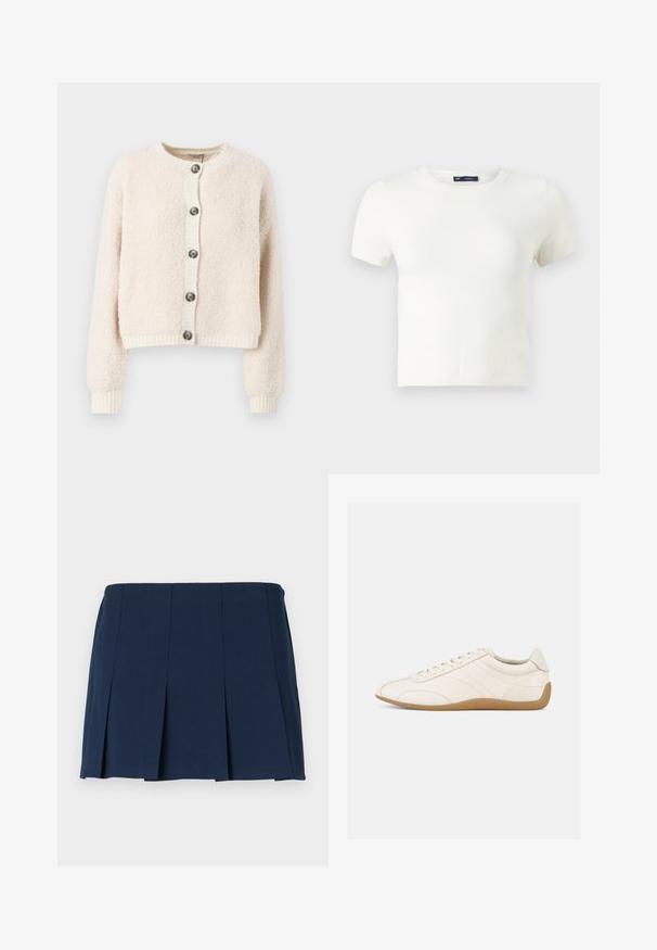 Crème-kleurige cropped cardigan van textuurstof, met een ronde halslijn, knoopsluiting aan de voorkant en geribde manchetten en onderkant.; Witte korte mouwen t-shirt gemaakt van een zachte stof. Heeft een klassiek ronde hals ontwerp en een slanke pasvorm zonder zichtbare patronen of accenten.; Marineblauwe geplooide minirok met een rechte tailleband, gemaakt van een gladde stof. Bevat verticale stiksels langs de plooien.; Witte leren sneaker met een gladde textuur, ronde neus en tonale stiksels. Voorzien van een tankleurige rubberen zool en vetersluiting.