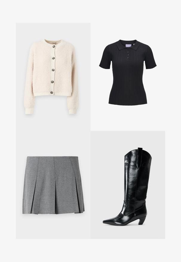 Crème-kleurige cropped cardigan van textuurstof, met een ronde halslijn, knoopsluiting aan de voorkant en geribde manchetten en onderkant.; Zwart kortademig geribbeld katoenen poloshirt met vier knopen en een traditionele kraag.; Grijze geplooide mini-jurk gemaakt van textuurstof, met een ruitpatroon en een rechte snit met splitdetails aan de zijkant.; Zwarte leren kniehoge laarzen met een spitse neus, lage hak en decoratieve stiksels aan de zijkanten. Gladde glanzende afwerking.
