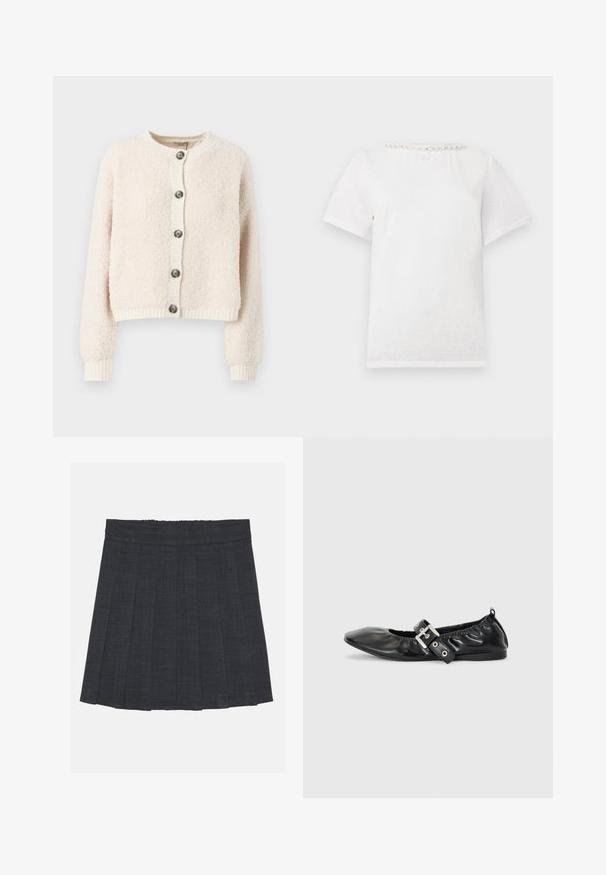 Crème-kleurige cropped cardigan van textuurstof, met een ronde halslijn, knoopsluiting aan de voorkant en geribde manchetten en onderkant.; Witte T-shirt met korte mouwen en een ronde halslijn, voorzien van een rij decoratieve parels langs de kraag.; Donkergrijze plisséstofrok met een elastische tailleband, gekenmerkt door een gestructureerde stof en een klassieke A-lijnsilhouet. Geschikt voor casual gebruik.; Zwarte leren platte schoen met een spitse neus, geplooide details rond de opening en een zilveren gespaccentueerde verstelbare band.