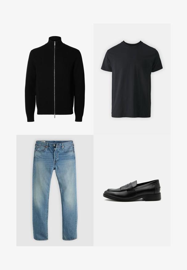 Veste noire en maille à manches longues avec un col montant et une fermeture éclair argentée intégrale à l'avant.; T-shirt noir en coton à manches courtes avec un col rond et une coupe décontractée. Texture lisse et ourlet droit, sans graphismes ni motifs visibles.; Jean en denim bleu clair avec une coupe droite, dotée d'un agencement à cinq poches, de matériel en cuivre et d'une légère décoloration sur le tissu.; Mocassin homme en cuir noir avec détail pompon, bout arrondi, talon bas et finition polie lisse, montré de profil sur fond blanc.