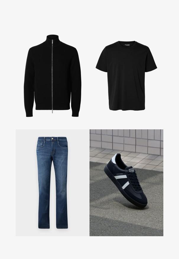 Sort langærmet strikket jakke med høj krave og fuld sølv lynlås foran.; Ensfarvet sort t-shirt med korte ærmer og rund hals, herrepasform, uden synlige mønstre eller logoer foran.; Blå denimjeans med lige bendesign, der har forlommer, lynlås og knaplukning. Mellem vask med subtile falmede områder.; Sort lædersneaker med hvide striber, tekstureret gummisål og snørrebånd foran. Har et brandet mærke på tungen.