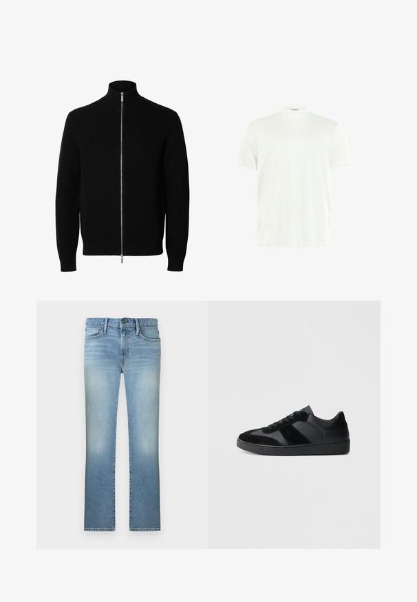 Sort langærmet strikket jakke med høj krave og fuld sølv lynlås foran.; Hvid crewneck T-shirt lavet af blødt stof. Korte ærmer, uden mønstre. Simpelt design med lige kant og minimal detaljer.; Lyseblå jeans med lige ben, falmede detaljer, forreste knap- og lynlåslukning, bæltestropper samt for- og baglommer.; Sorte sneakers med en kombination af glat læder og ruskind, med en tekstureret sort gummisål og subtil stripingdetalje.