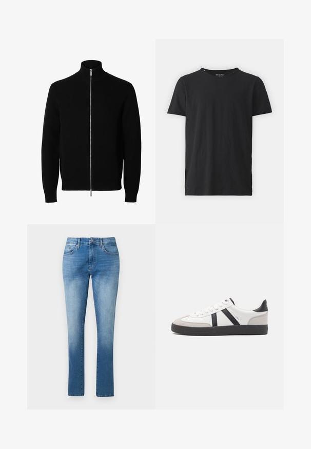 Veste noire en maille à manches longues avec un col montant et une fermeture éclair argentée intégrale à l'avant.; T-shirt en coton noir avec un col rond et des manches courtes. Présente un design épuré sans motifs ni accents. Simple et polyvalent.; Jean bleu droit avec taille mi-haute, fermeture par bouton et zip, design classique à cinq poches.; Baskets blanches avec des accents noirs et gris, présentant un embout texturé gris, une semelle en caoutchouc noir et des lacets plats blancs. Design épuré, style minimaliste.