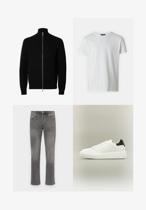Sort langærmet strikket jakke med høj krave og fuld sølv lynlås foran.; Hvid kortærmet T-shirt med rund hals i bomuld med en glat tekstur. Har et mærke ved kraven. Enkel, ensfarvet design.; Grå denimjeans med lige ben, fem-lomme stil, knaplukning og diskret slidmærker på forsiden.; Hvid lav sneakers med tyk sål, snørelukning foran og sort hælstrop, mærket med "Steve Madden" på siden af sålen.