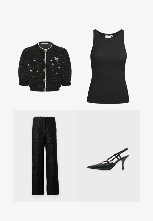 Schwarze Strickjacke mit silbernen Akzenten, rundem Halsausschnitt und fünf Knöpfen. Verziert mit verstreuten dekorativen Elementen, darunter Sterne und Herzen.; Schwarzes Tanktop aus Rippstoff mit Rundhalsausschnitt und figurbetonter Passform. Flache Nähte und keine Verzierungen. Einfaches und elegantes Design.; Schwarze Hose mit strukturiertem Blumenmuster, aus weichem Material, mit weiter, lockerer Beinform und hoher Taille.; Schwarzer Lederslingback mit spitzer Spitze, dünnen Riemen und einer kleinen silbernen dekorativen Schnalle an der Seite.