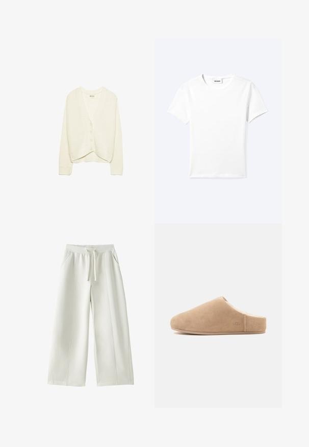 Cardigan court blanc, texture tricotée, col en V, fermeture à cinq boutons à l'avant, accents côtelés aux manches et à l'ourlet. Tissu doux, design décontracté.; T-shirt blanc uni à manches courtes et col rond avec une petite étiquette "WEEKDAY" à l'intérieur de l'encolure, présenté à plat sur un fond clair.; Pantalon blanc à jambes larges avec taille élastique, cordon de serrage à l'avant, poches latérales, et détails de coutures visibles sur un fond uni.; Chausson beige en daim à enfiler, doublure en peluche et semelle plate, bout fermé, arrière ouvert, avec un logo discret "UGG" sur le côté.