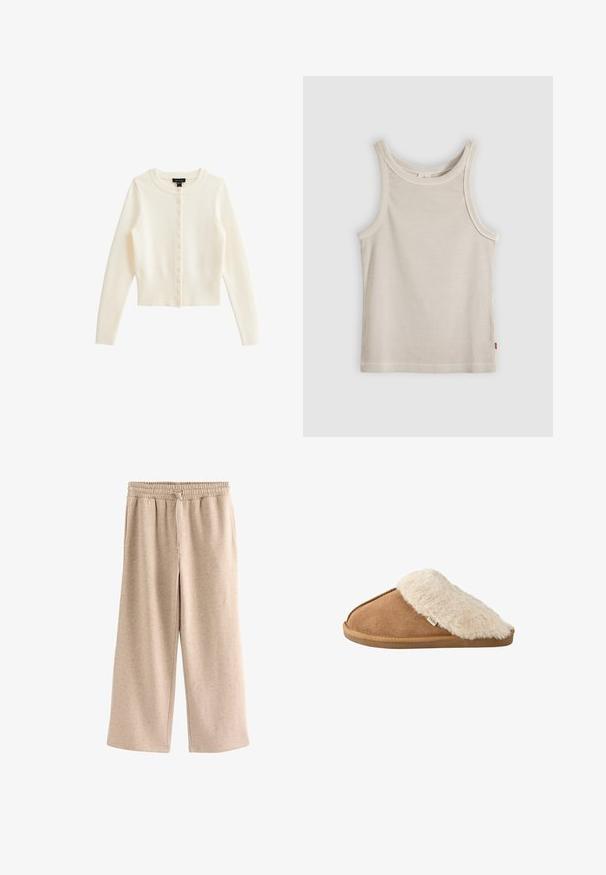 Crème ribgebreide cardigan gemaakt van zachte stof, met een ronde hals, lange mouwen en een voor sluiting met kleine knopen.; Beige geribd mouwloos tanktop met ronde hals en smalle pasvorm, getoond tegen een grijze achtergrond.; Beige broek met wijde pijpen, een elastische tailleband en een koordje, gemaakt van een zachte, gevlekte stof.; Bruine instapslipper met zachte beige nep bont voering en zool, zijkant gezien op witte achtergrond.