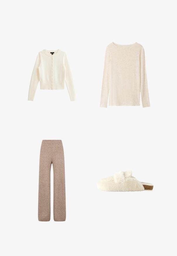 Cardigan côtelé crème en tissu doux, avec un col rond, des manches longues et une fermeture à boutons à l'avant avec de petits boutons.; Top en maille beige clair à manches longues avec encolure bateau et texture chinée subtile.; Pantalons larges en tricot de couleur marron clair avec une taille et des poignets côtelés, présentant un tissu doux et texturé. Pas de poches visibles.; Chausson doux de couleur crème, pelucheux, à enfiler, avec dos ouvert et semelle plate en liège vu de côté.