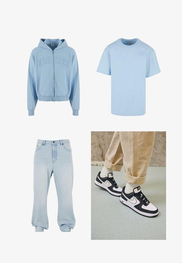 Helles blaues Zip-Hoodie aus weichem Stoff, mit einem großen, gestickten "KARL KANI"-Logo auf der Brust, vorderen Taschen und gerippten Bündchen.; Hellblaue Baumwoll-T-Shirt mit Rundhalsausschnitt, kurzen Ärmeln und einem weißen gestickten Logo auf der Brust. Weicher Stoff, lässige Passform.; Helle blaue Jeans aus Denim mit entspannter Passform, ausgestattet mit fünf Taschen, sichtbaren Nähten und einem Knopfverschluss am Bund.; Schwarz-weiße Nike Air Force 1 Sneaker mit einem Obermaterial aus Leder, perforierter Zehenpartie und strukturiertem Sohlendesign, getragen mit aufgerollten beigen Hosen und weißen Socken.