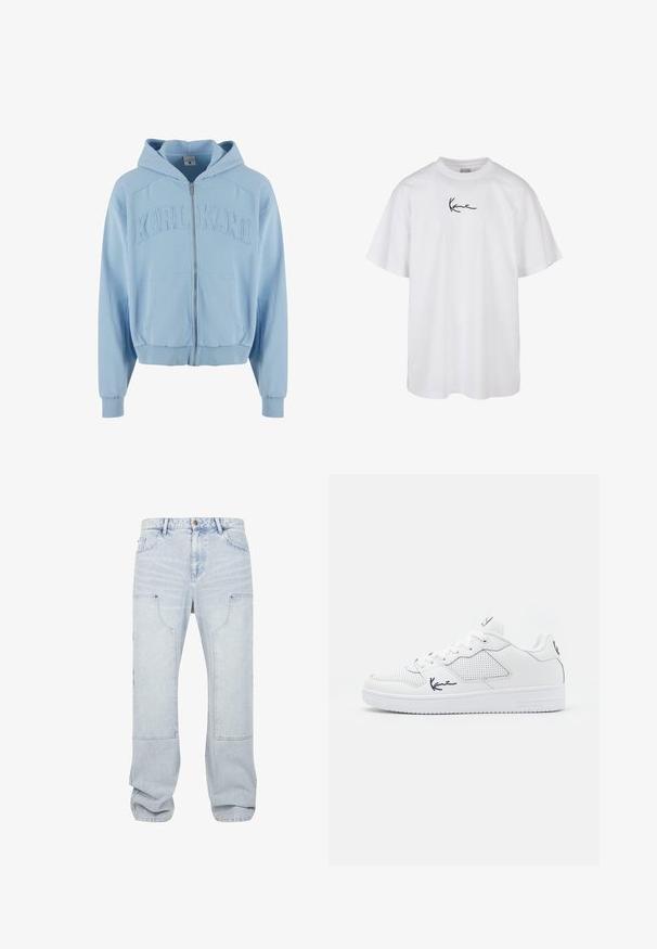 Helles blaues Zip-Hoodie aus weichem Stoff, mit einem großen, gestickten "KARL KANI"-Logo auf der Brust, vorderen Taschen und gerippten Bündchen.; Weißes T-Shirt mit kurzen Ärmeln und Rundhalsausschnitt mit schwarzem kursivem Schriftzug „Karim“ mittig auf der Brust.; Hellblaue Cargo-Jeans aus Denim mit lockerer Passform, ausgestattet mit großen Fronttaschen und geringfügigen Abnutzungserscheinungen. Deutlich definierte Nähte und Säume.; Weiße Sneaker aus synthetischem Material mit perforierten Details, flachen Schnürsenkeln, einer strukturierten Sohle und einem marineblauen Logo an der Seite und Ferse.