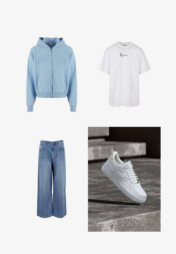 Helles blaues Zip-Hoodie aus weichem Stoff, mit einem großen, gestickten "KARL KANI"-Logo auf der Brust, vorderen Taschen und gerippten Bündchen.; Weißes Baumwoll-T-Shirt mit rundem Halsausschnitt und kurzen Ärmeln, mit einem schwarz gestickten Logo, das in der Mitte der Brust platziert ist.; Weite blaue Denim-Jeans mit hoher Taille, frontalen Taschen und genähten Details an den Beinen. Strukturierte, verblasste Optik mit lockerer Passform.; Weißer Nike Air Force 1 Sneaker mit geprägten Sternmustern und einem metallischen Stern-Schnürsenkelanhänger, der über einer Betonoberfläche schwebt.