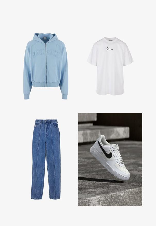 Helles blaues Zip-Hoodie aus weichem Stoff, mit einem großen, gestickten "KARL KANI"-Logo auf der Brust, vorderen Taschen und gerippten Bündchen.; Weißes Baumwoll-T-Shirt mit rundem Halsausschnitt und kurzen Ärmeln, mit einem schwarz gestickten Logo, das in der Mitte der Brust platziert ist.; Blaue Jeans aus Denim mit hohem Bund, lockerer Passform und vertikalen weißen Nähdetails. Verfügt über vordere Taschen und ein Branding-Patch.; Weißer Nike Air Force 1 Sneaker mit schwarzem Swoosh, geschnürten Schnürsenkeln, schwebend in der Luft über einer strukturierten Betonoberfläche im Freien.