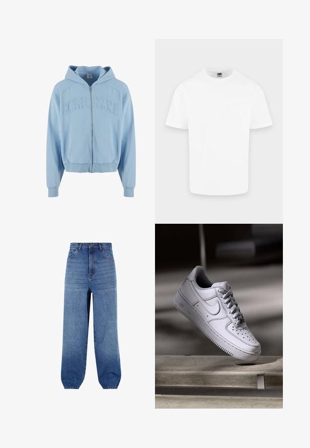 Helles blaues Zip-Hoodie aus weichem Stoff, mit einem großen, gestickten "KARL KANI"-Logo auf der Brust, vorderen Taschen und gerippten Bündchen.; Schlichtes weißes Baumwoll-T-Shirt mit kurzen Ärmeln und Rundhalsausschnitt, dargestellt auf hellem grauem Hintergrund.; Hellblaue Jeans aus Denim mit hoher Taille, lockerem Schnitt und schmal zulaufenden Bündchen. Verfügt über fünf Taschen und dezente Ausbleichungen an der Vorderseite.; Weißer Nike Air Force 1 Sneaker aus Leder mit perforierter Zehenpartie, flachen Schnürsenkeln und strukturierter Gummisohle mit "AIR"-Branding an der Seite.