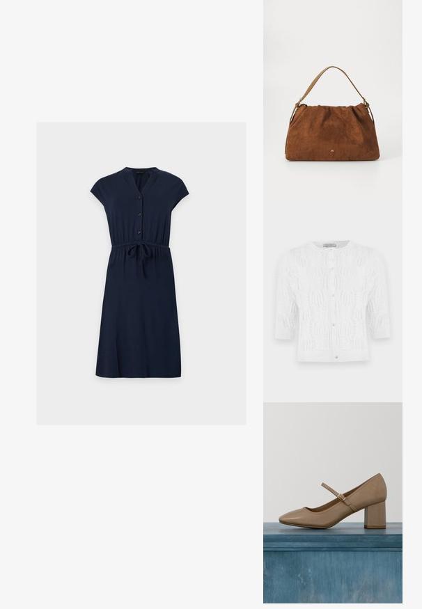 Cardigan blanc en maille à manches courtes avec encolure ronde, boutons en perle sur le devant, et motif délicat en ajouré.; Robe bleu marine longueur genou à manches courtes, devant boutonné et taille à cordon, présentée sur un fond clair uni.; Escarpin en cuir beige à talon bloc avec bout arrondi et une bride décorative avec une boucle dorée. Texture lisse, design minimaliste.; Sac à main en daim marron avec un design plissé, arborant une seule sangle en cuir beige et un discret logo doré à l'avant.