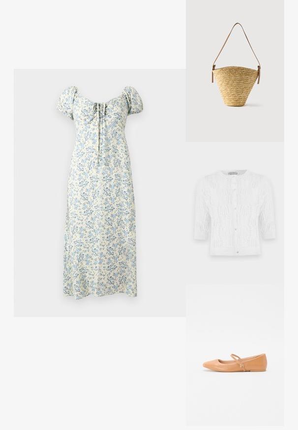Cardigan blanc en maille à manches courtes avec encolure ronde, boutons en perle sur le devant, et motif délicat en ajouré.; Robe midi crème à imprimé floral bleu, manches bouffantes, encolure carrée froncée et détail noué à l'avant.; Ballerines en cuir nues avec un bout pointu, une sangle extérieure et un détail en métal rond. Texture lisse et design minimaliste.; Sac seau en paille tissée avec une base large, un sommet étroit et une bandoulière en cuir marron ajustable.