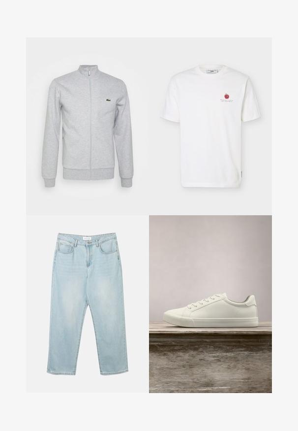 Lys grå zip-up jakke lavet af blød stof, med en tætsiddende krave og ribbede manchetter. Et lille grønt logo er på venstre bryst.; Hvid kortærmet t-shirt med lille rød æblegrafik og sort tekst på venstre bryst, rund halsudskæring og mærke indeni kraven.; Lys blå denim jeans med en afslappet pasform, fem lommer, en knaplukning og subtil fadeeffekt. Teksturen er glat og lidt slidt.; Hvide snørresneakers svævende over en træbænk med grønne planter i baggrunden, der fremhæver skodesign og tekstur.