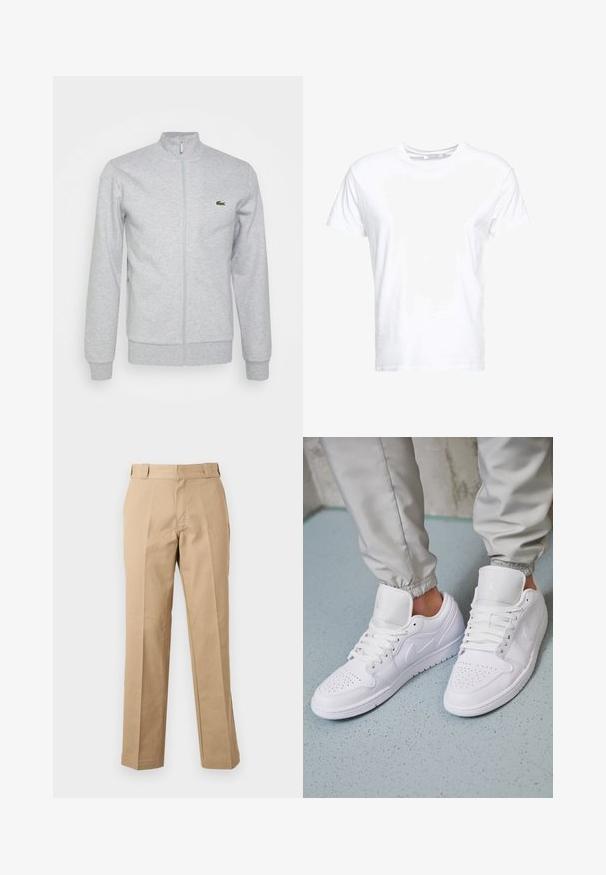 Lys grå zip-up jakke lavet af blød stof, med en tætsiddende krave og ribbede manchetter. Et lille grønt logo er på venstre bryst.; Hvid bomulds t-shirt med rund halsudskæring og korte ærmer, i en klassisk pasform og glat tekstur. Ingen mønstre eller hardware synlige.; Beige bukser med lige ben, bæltestropper, foran lynlås og pressede slidser, vist mod en hvid baggrund.; Hvide lædersneakers har en perforeret tåboks, flade snørebånd, polstret krave og Jordan-logoet på tungen. Båret med grå joggers.