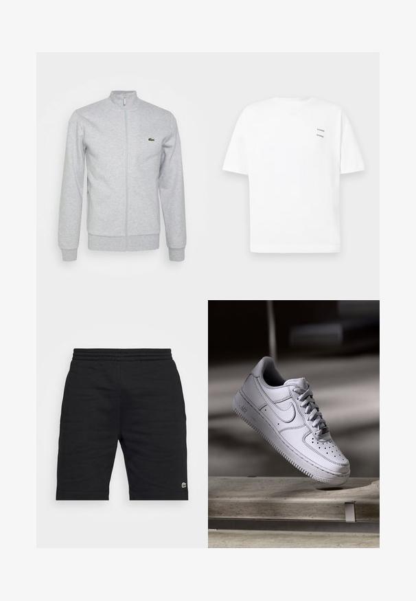 Lichtgrijze ritsjack gemaakt van zachte stof, met een fitted kraag en ribgebreide manchetten. Een klein groen logo is op de linkerborst.; Witte katoenen t-shirt met een relaxed fit, korte mouwen en een V-hals. Bevat twee kleine zwarte bedrukte logo's aan de linkerkant.; Zwarte katoenen shorts met een elastische tailleband en een klein groen logo-accent. Heeft een rechte snit en een soepele textuur.; Witte Nike Air Force 1 sneaker van leer met geperforeerde neus, platte veters en een gestructureerde rubberen zool met "AIR"-logo aan de zijkant.