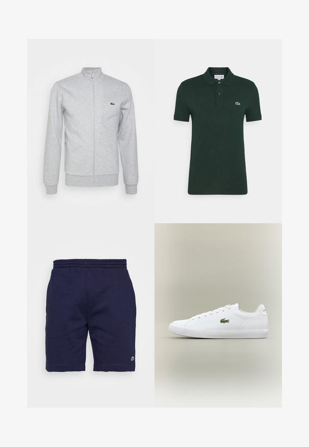 Lichtgrijze ritsjack gemaakt van zachte stof, met een fitted kraag en ribgebreide manchetten. Een klein groen logo is op de linkerborst.; Donkergroene polo shirt van katoen, met een twee-knopen knoopsluiting, korte mouwen en een klein geborduurd krokodillenlogo op de linkerborst.; Navyblauwe katoenen shorts met een elastische tailleband, voorzien van een klein groen logo op het linksonder been en een gladde textuur.; Witte leren sneakers met een gestructureerde rubberen zool, voorzien van een groene geborduurde krokodillogo aan de zijkant en minimale branding.