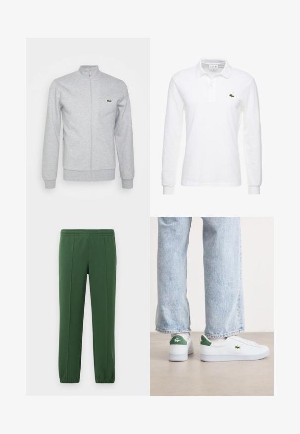 Hellgraue Zip-Jacke aus weichem Stoff mit einem taillierten Kragen und gerippten Bündchen. Ein kleines grünes Logo befindet sich auf der linken Brust.; Weißes Langarm-Polohemd aus Baumwolle mit klassischem Kragen und kleinem grünem Lacoste-Logo auf der Brust. Glatte Textur.; Grüne Jogginghose aus weichem Material; mit Gummizugbund, schmal zulaufenden Beinen und einem kleinen Logo an der Seite.; Weiße Ledersneaker mit grünen Akzenten an der Ferse und gesticktem Logo. Glatte Textur, niedrig geschnittenes Design, kombiniert mit hellblauen Jeans.